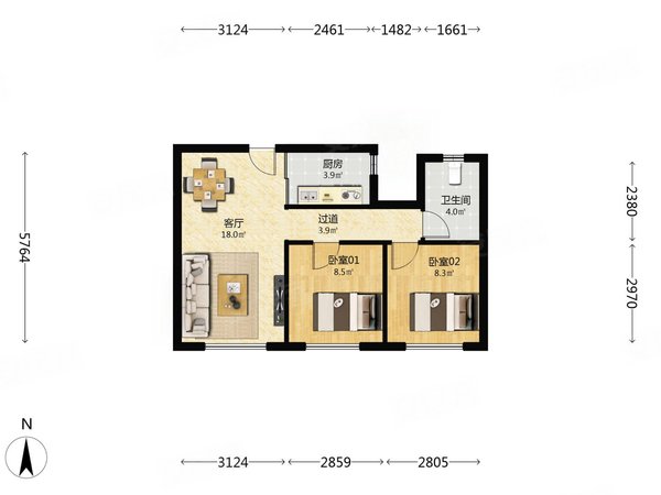 大连甘井子椒房大连港天下粮仓大连港天下粮仓 2室1厅1卫  电梯房 精装修74平米出租房源真实图片
