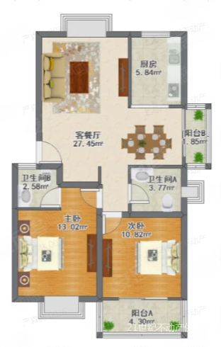 金帝城市岸泊(公寓住宅)2室2厅1卫89.94㎡南北300万