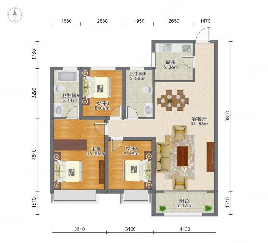 保利天禧3室2厅2卫130㎡南北271.7万