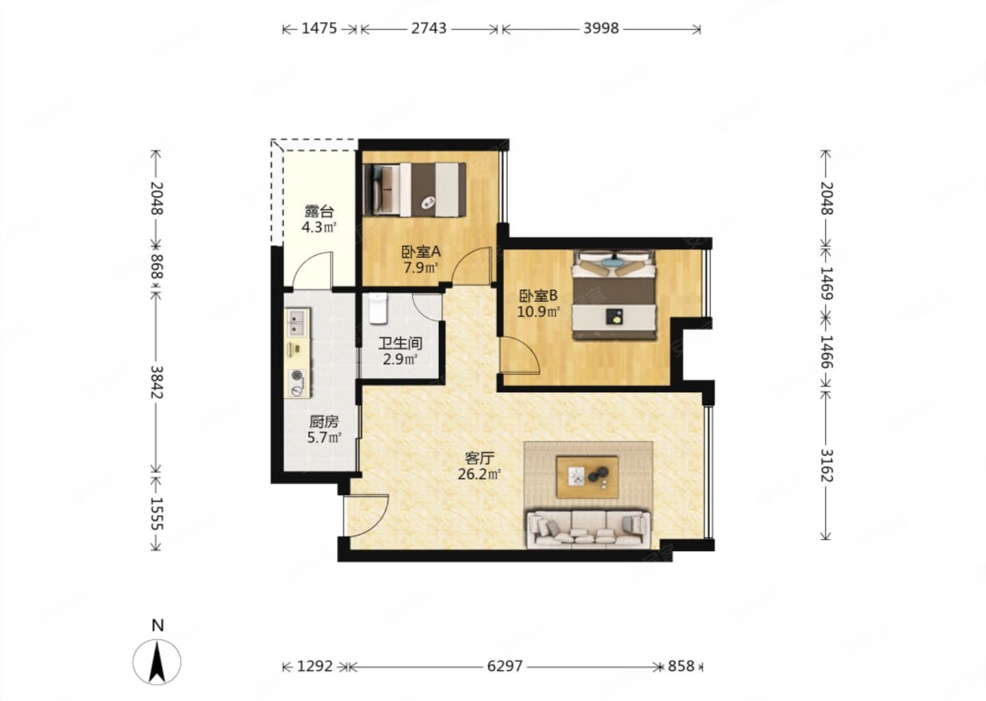 天悦城2室2厅0卫67.68㎡南北110万