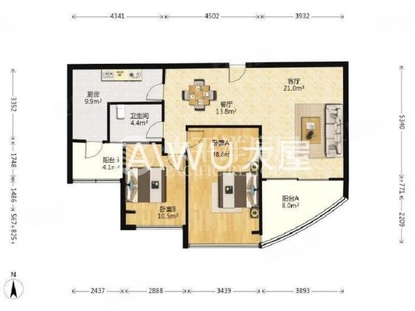 万源杰座(公寓住宅)2室2厅1卫115㎡南1050万