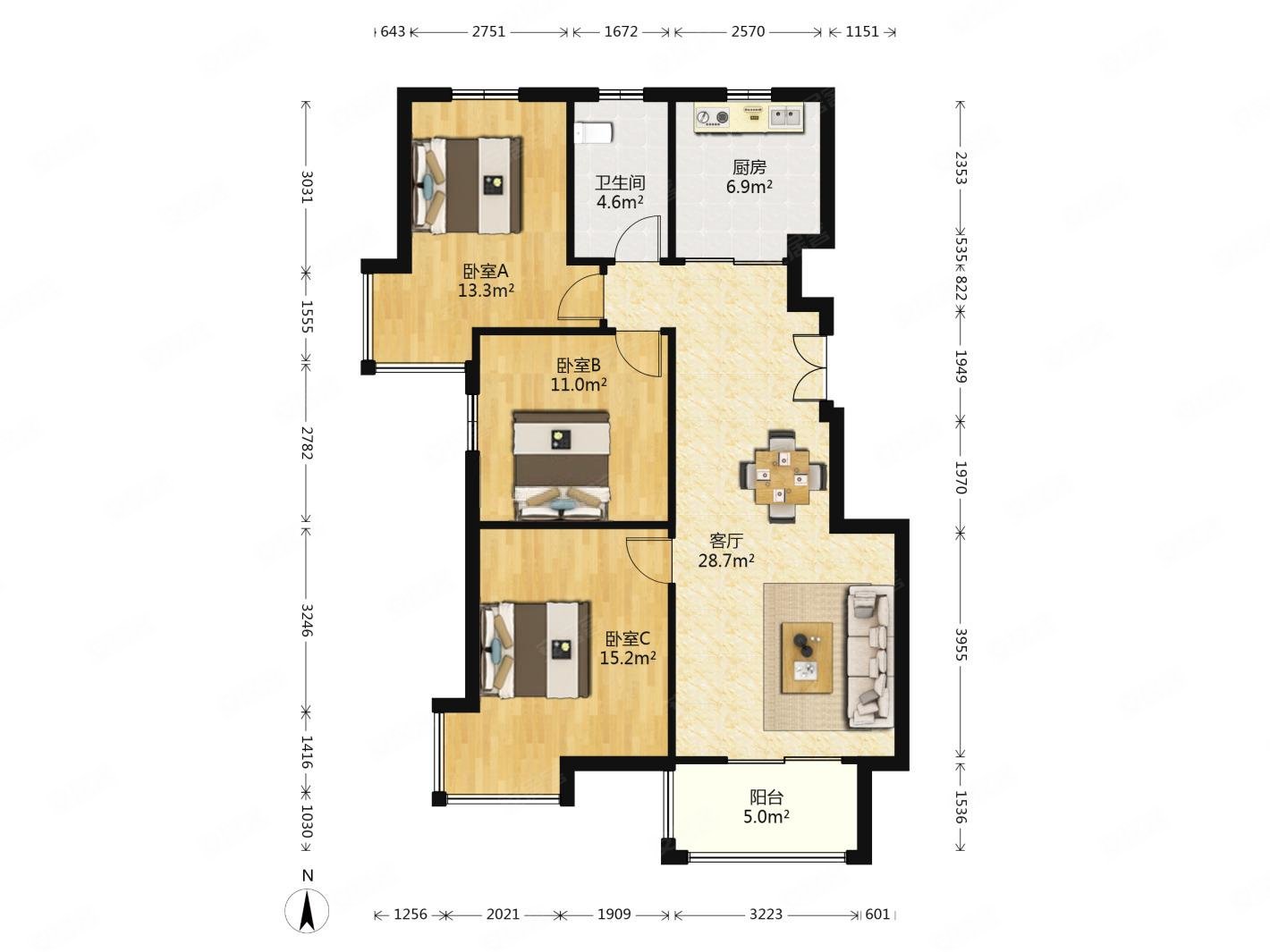 通宇林景雅园3室2厅1卫103.52㎡南260万