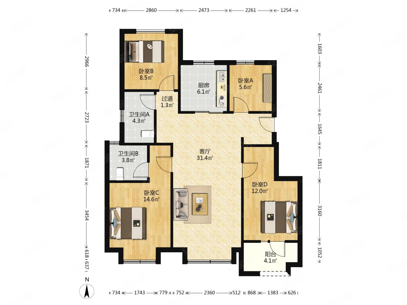 次新小区万科蔚蓝城市洋房4叶草户型中央空调中间楼层