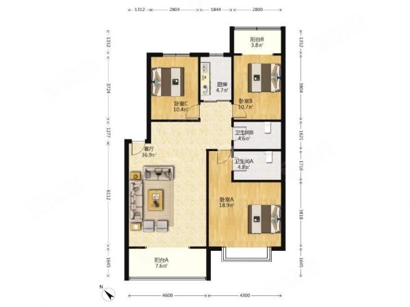 宏源新居3室2厅2卫118.48㎡西南154万