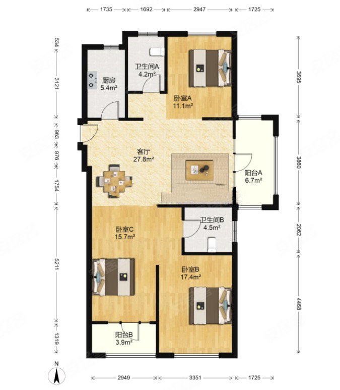 打头3室2卫 好楼层 卫生间带窗 南北通透 星海湾