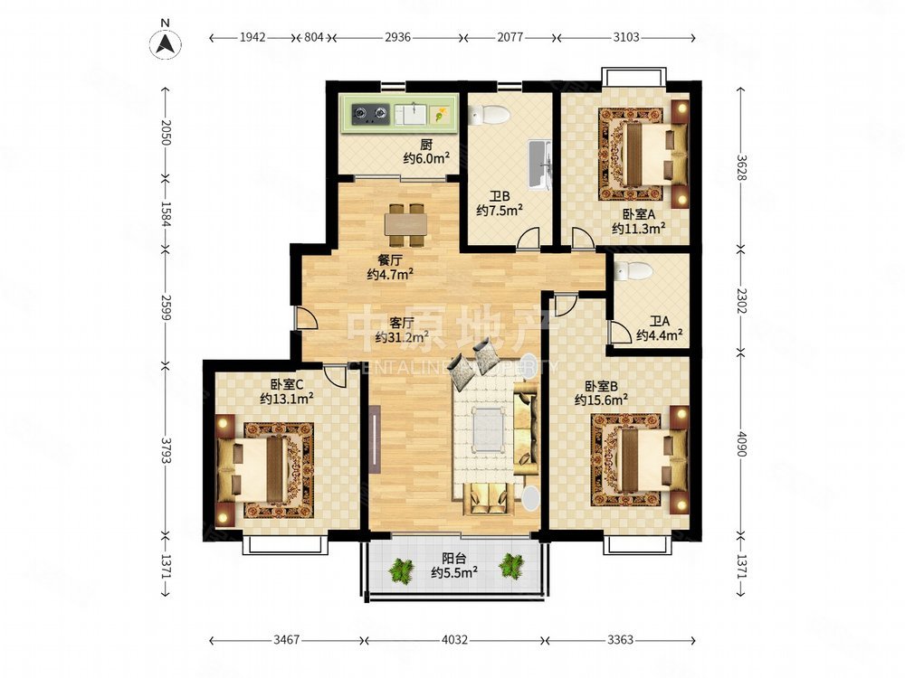 锦洋华园3室2厅1卫126.16㎡南230万