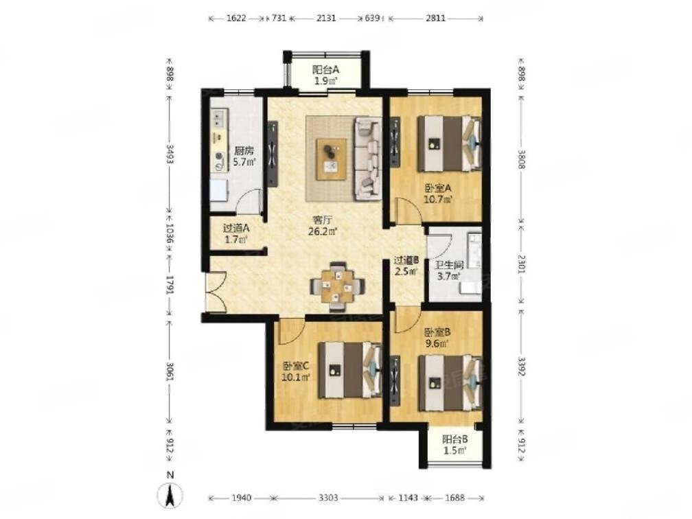 天合家园3室2厅1卫104㎡南北850万