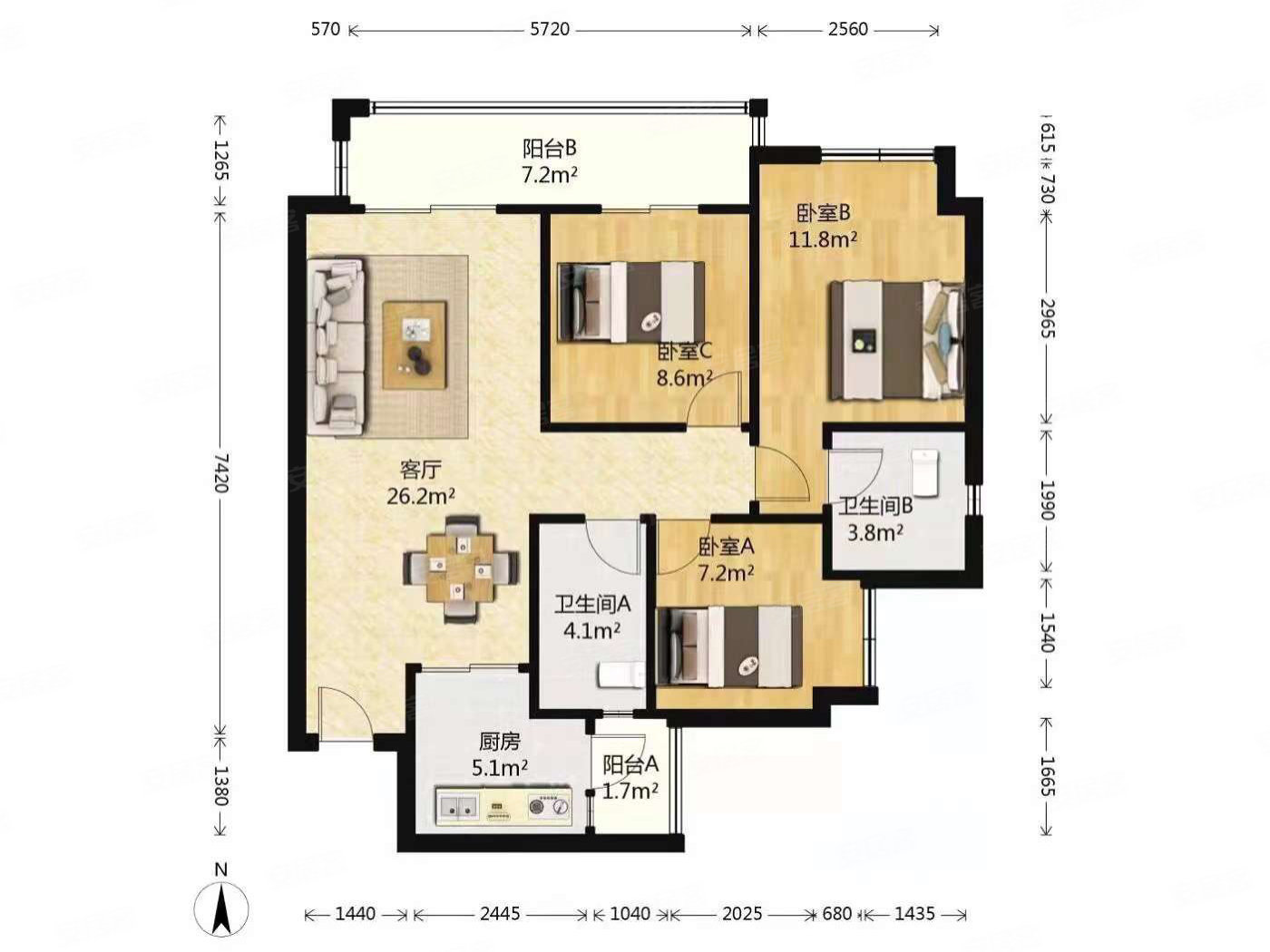 华润云庭3室2厅2卫102㎡西165万