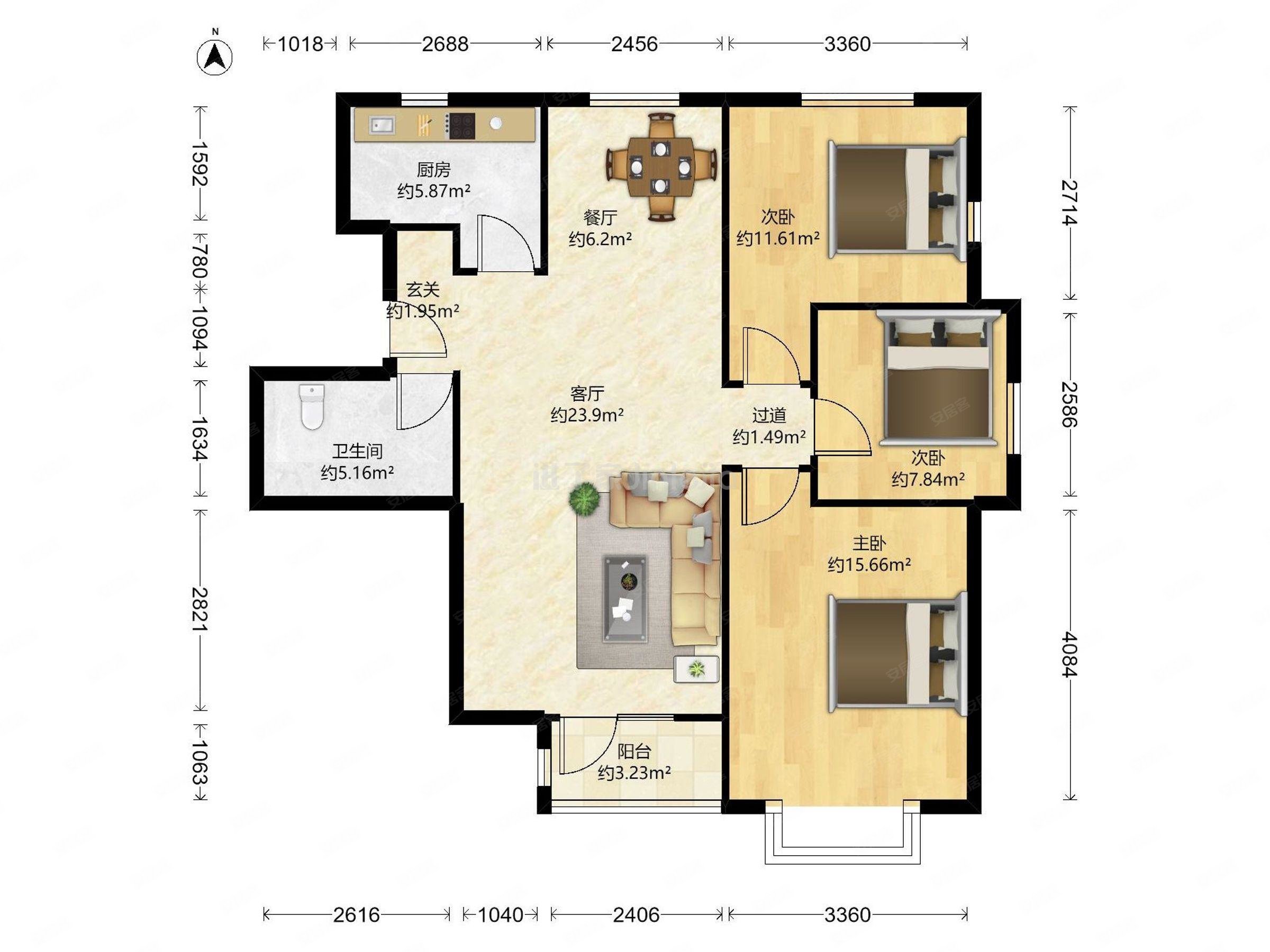 红磡领世郡普泰花园3室2厅1卫118.76㎡南北130万