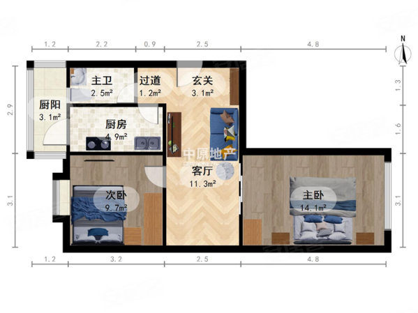 晓德里2室1厅1卫68.15㎡东西115万