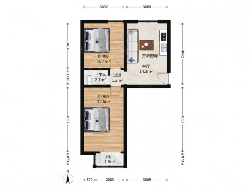 八角北路社区2室1厅1卫57.62㎡南北238万