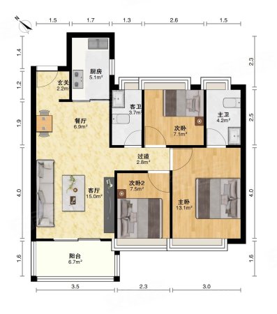 保利香颂3室2厅2卫99.42㎡南北153万