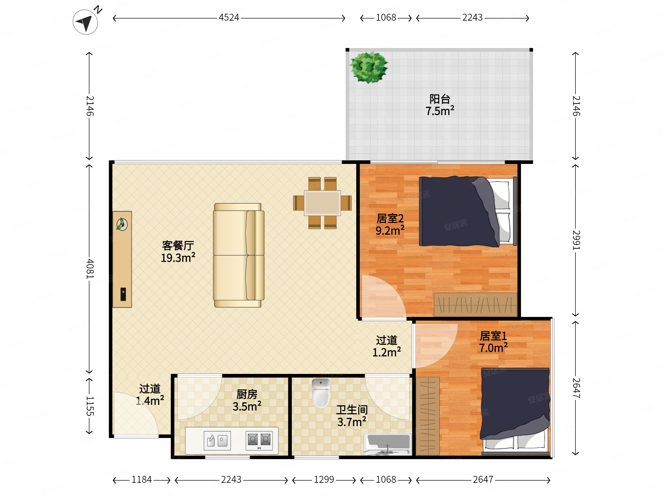 花样年花郡2室2厅1卫55.87㎡西北448万