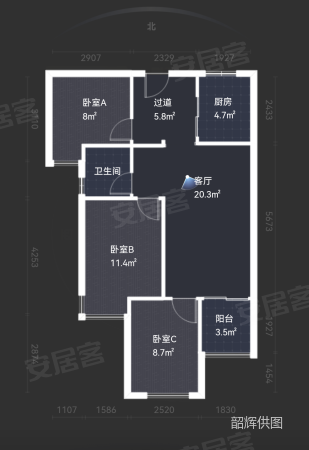 中航华府3室2厅1卫76.69㎡南北135万