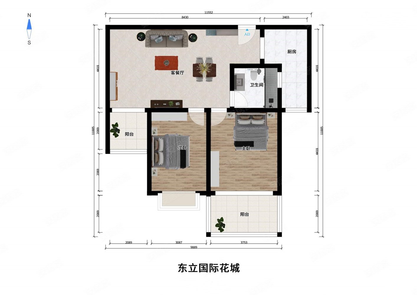东立国际花城2室2厅1卫89.97㎡南北96万