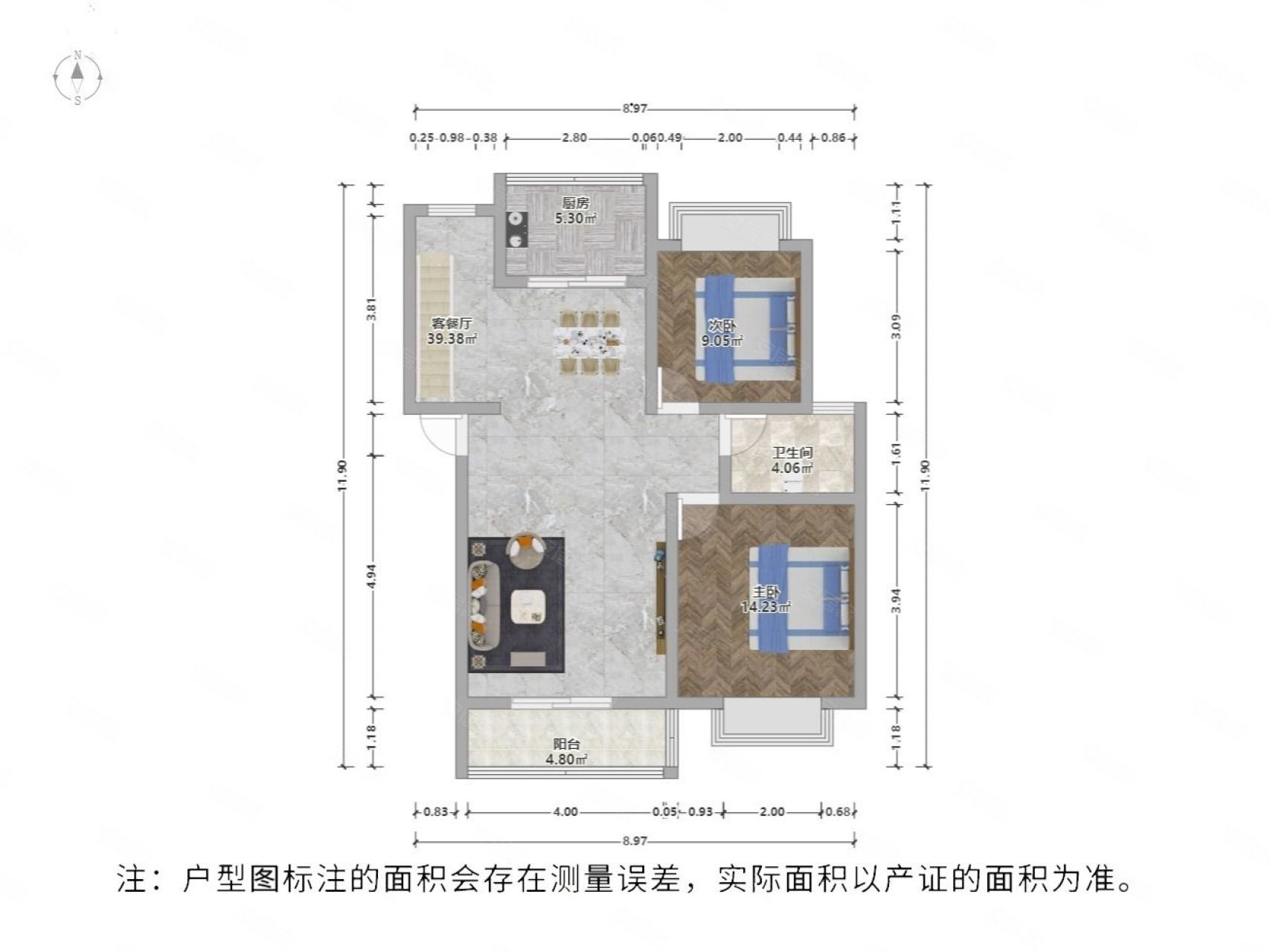 香城花园三区4室2厅2卫95.38㎡南北161万