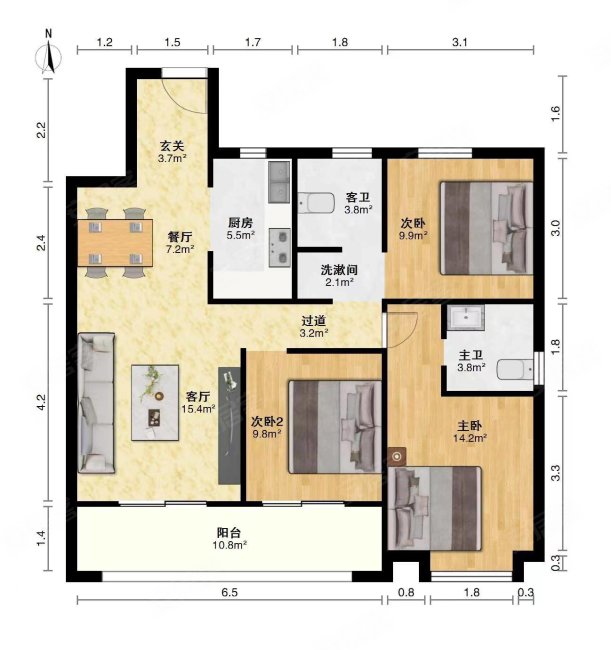 中建开元公馆3室2厅1卫90.28㎡南北170万