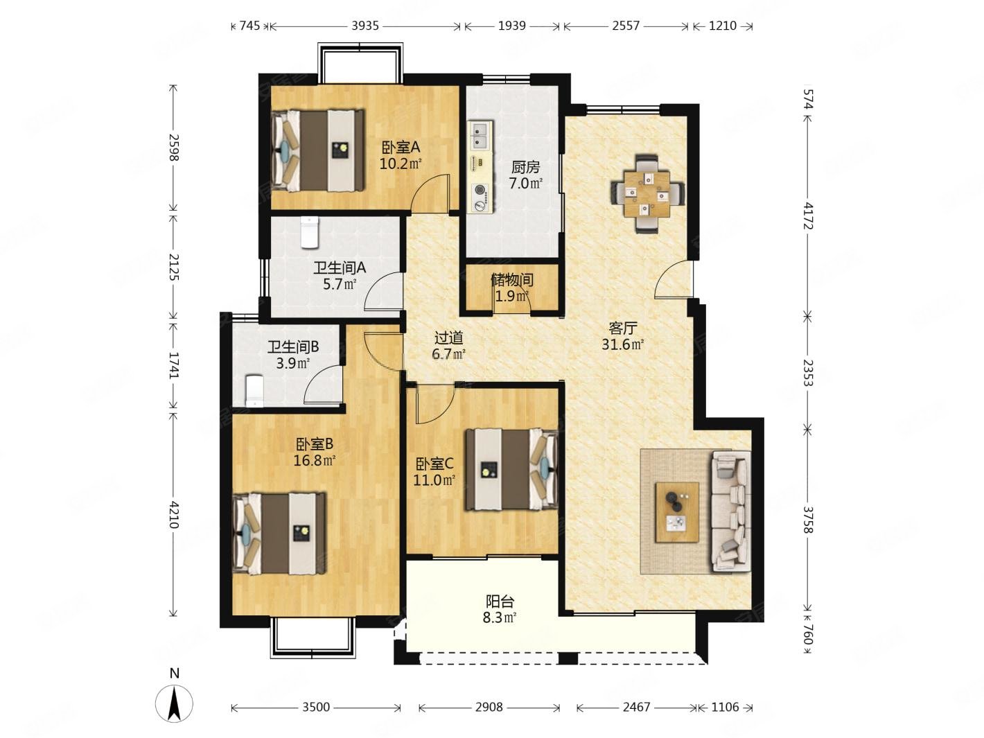 泰山天然居3室2厅2卫122.21㎡南北190万