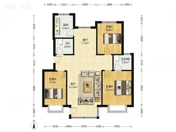 凯旋家园3室2厅1卫102㎡南北75万