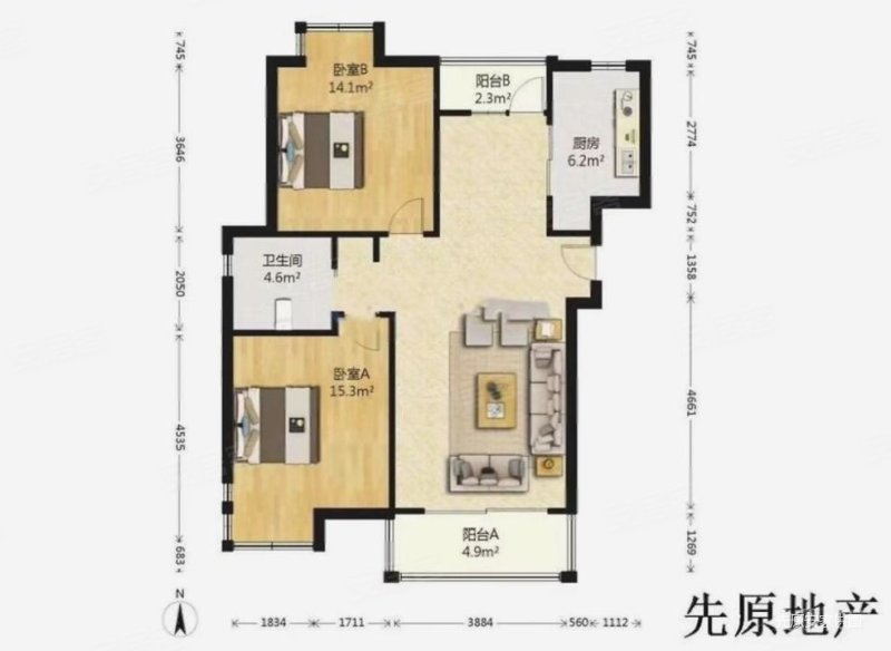 枫桦景苑(北区)2室2厅1卫102.06㎡南北430万