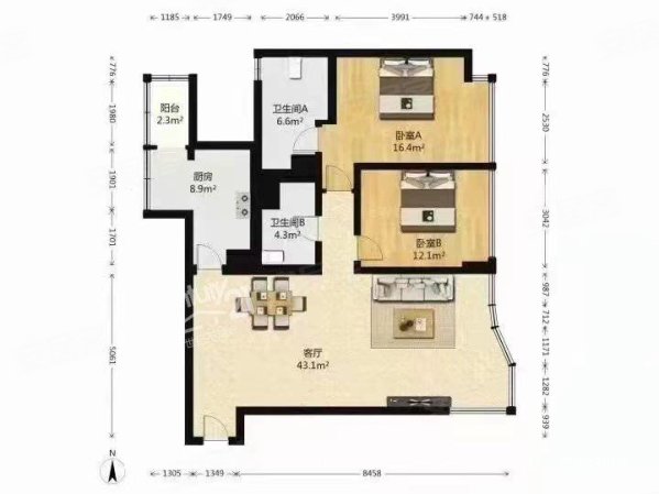 海晟名苑(南区)2室2厅2卫119㎡东1580万