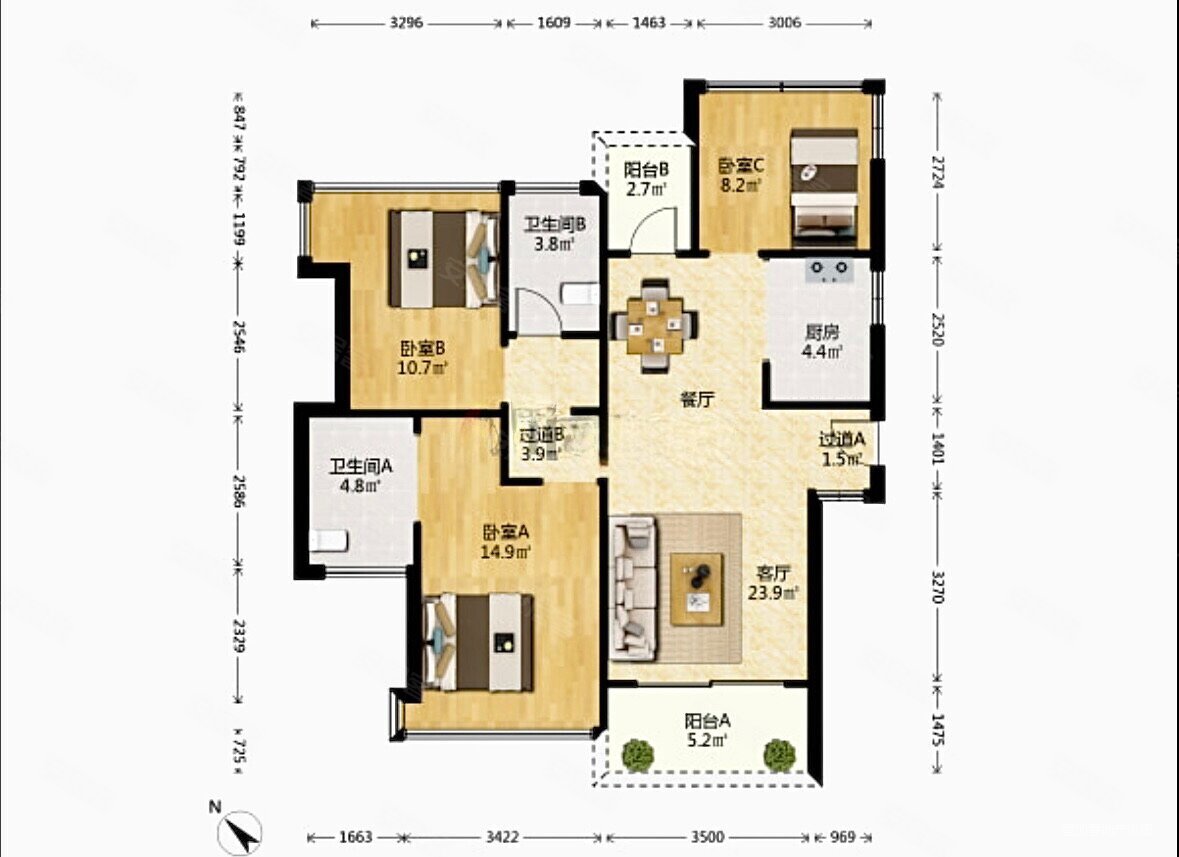 华发城建四季半岛钻石湾3室2厅2卫99.74㎡南北282万