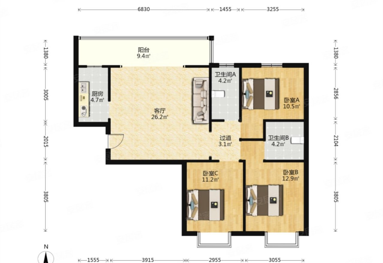 府东龙城苑3室1厅2卫121.34㎡南北115万
