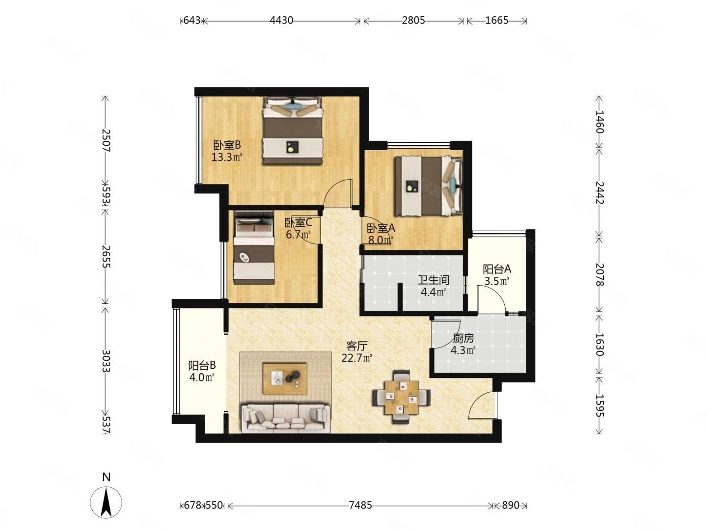 炜岸城3室2厅2卫81.82㎡南北108万