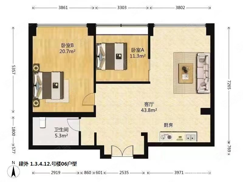 建外SOHO西区2室2厅1卫126.8㎡北610万