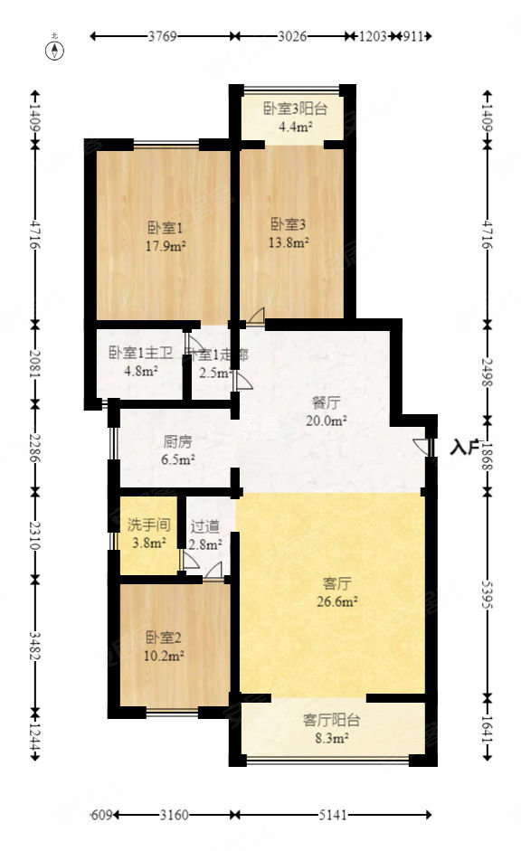 活力康城3室2厅2卫127.56㎡南北150万