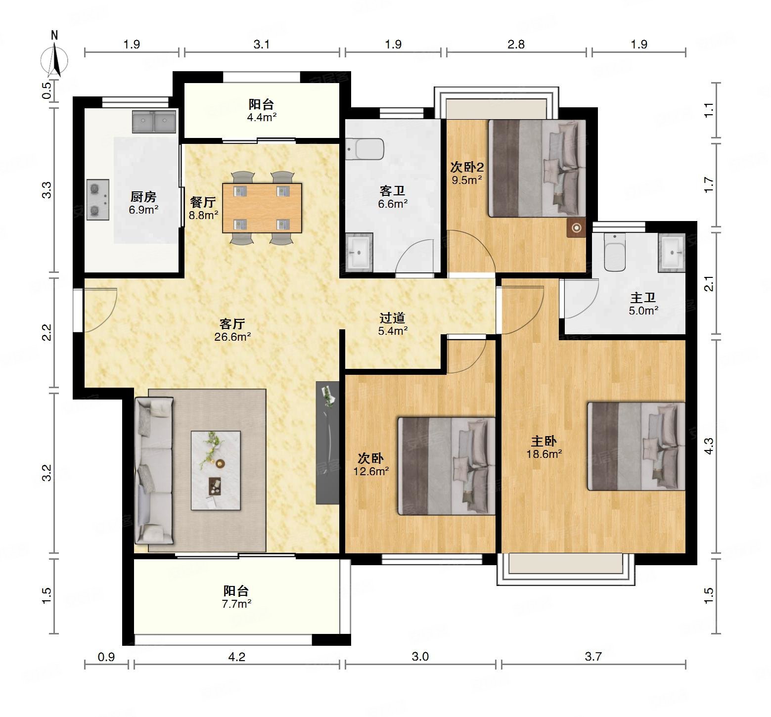 绿地玫瑰城3室2厅2卫110.08㎡南北190万