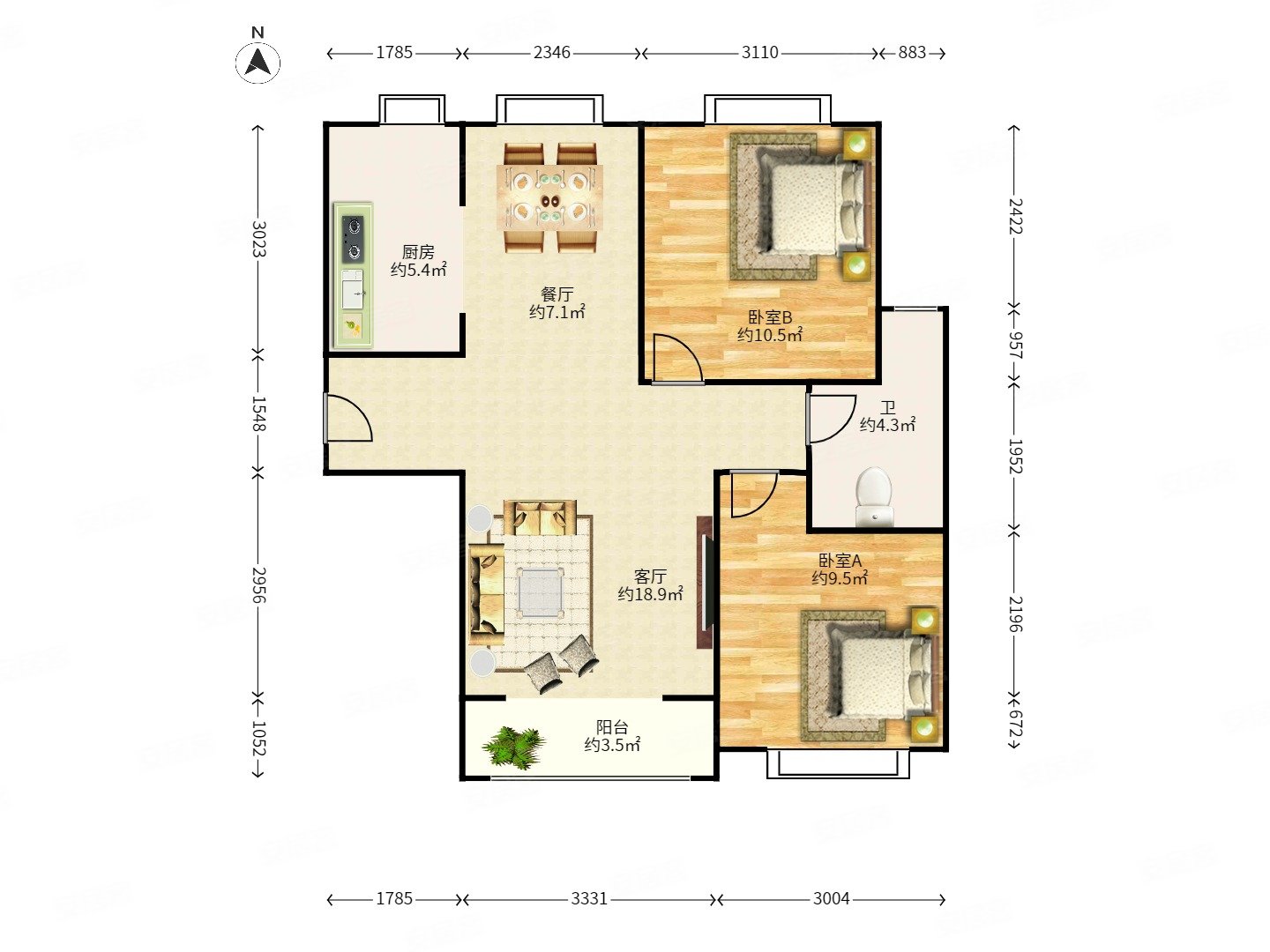 中建国际港2室2厅1卫88.82㎡南北469万