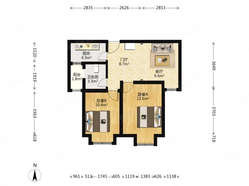 房山区蓝光海悦城2室1厅1卫1厨1阳台