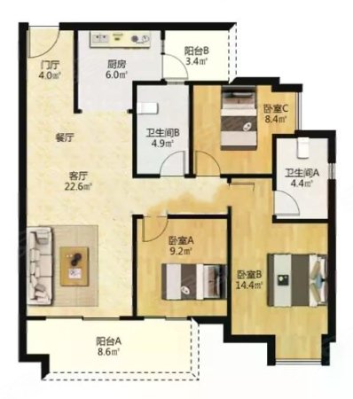 水岸花园B区3室2厅2卫152㎡南北105万