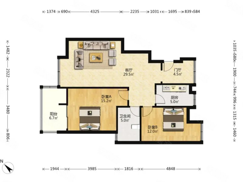 蓝谷地C区2室2厅1卫86.87㎡南北136万