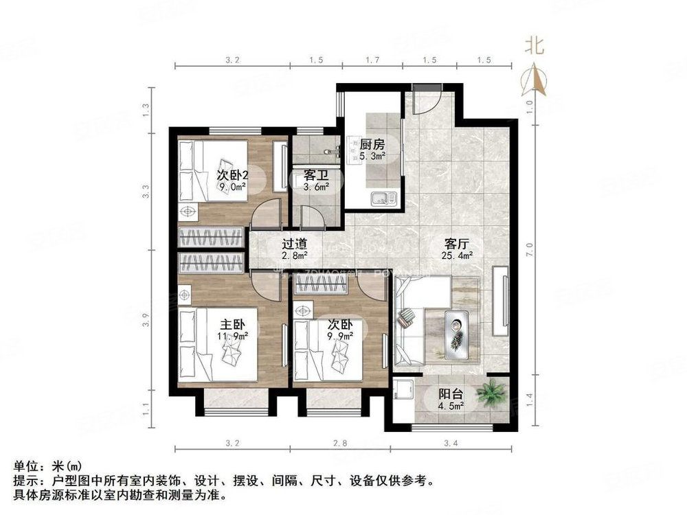 地平西棠甲第3室2厅1卫106.85㎡南北155万