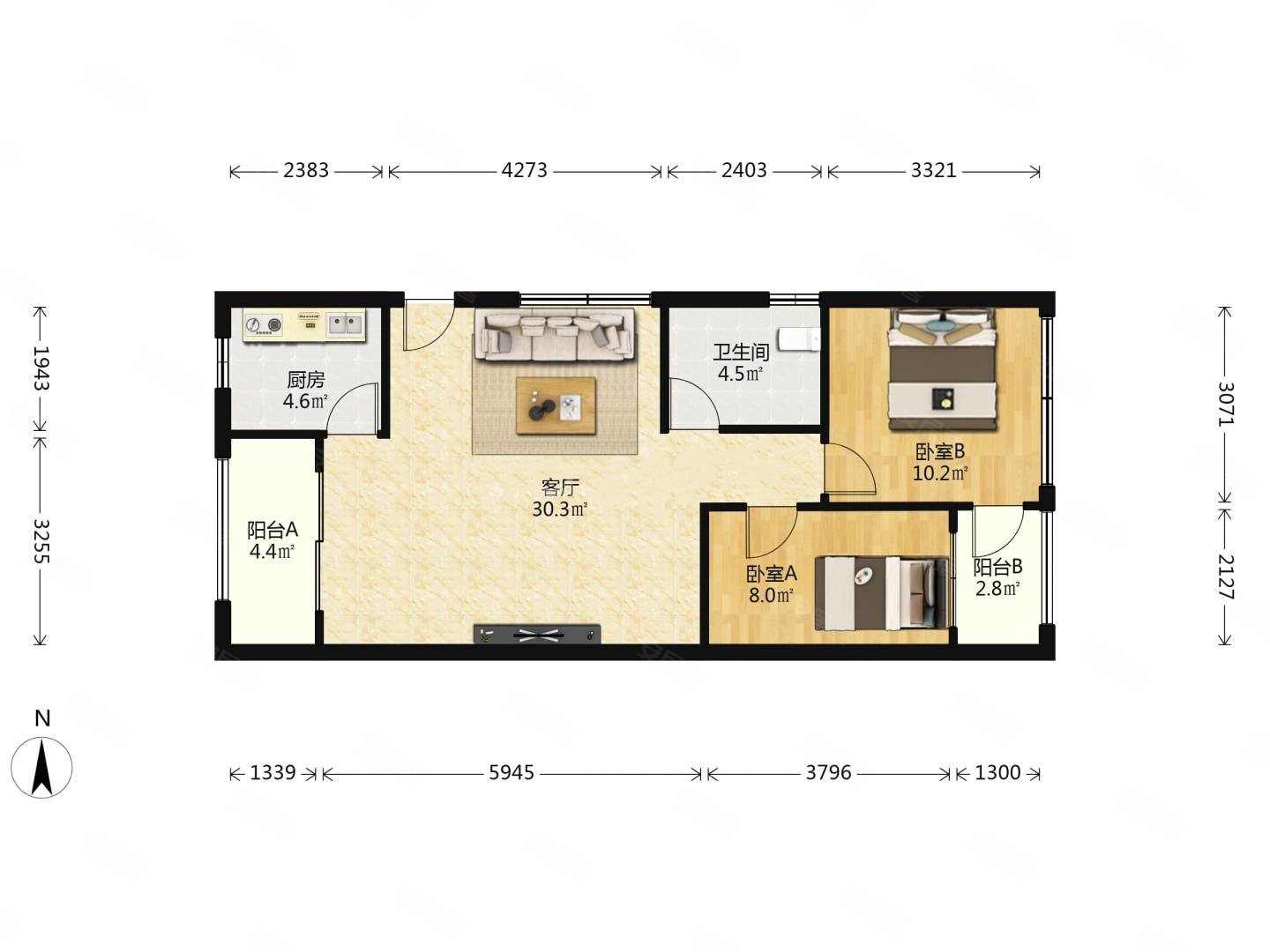 美丽湾精装2房带花园双阳台户型通透仅售130万