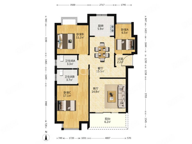 中航城112平 毛坯景观好楼层 三室两厅两卫 边套