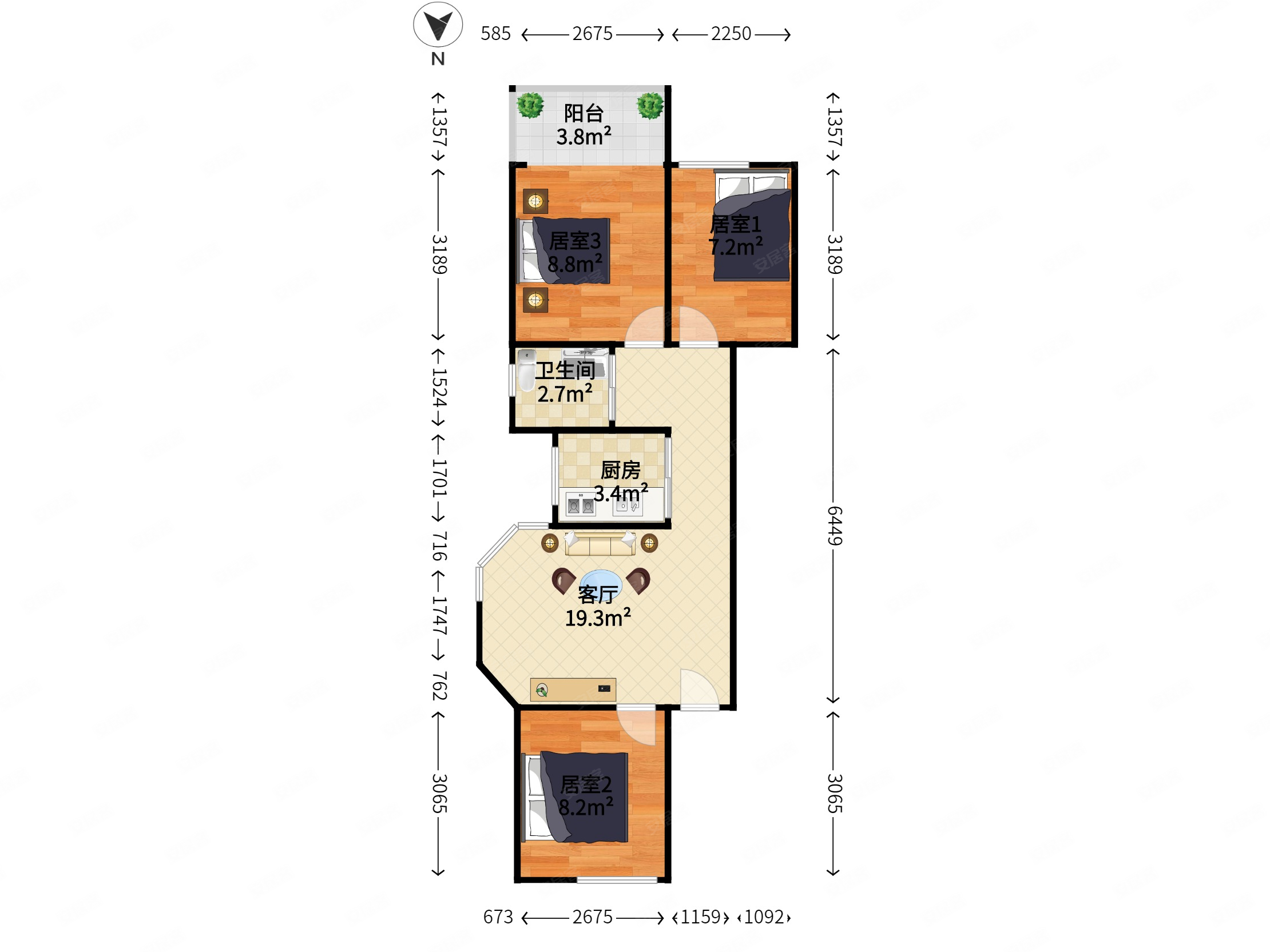 紫竹园3室1厅1卫63㎡南北450万