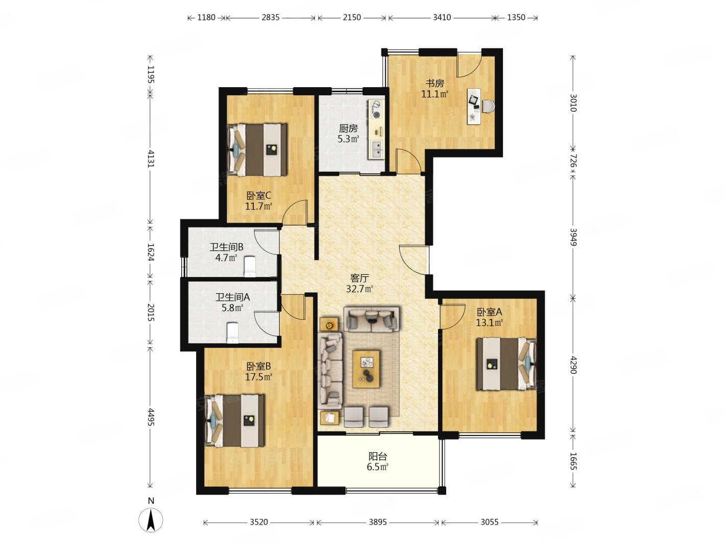 玲东花园140平4房,四叶草户型,私密性好,全天采光边户,诚