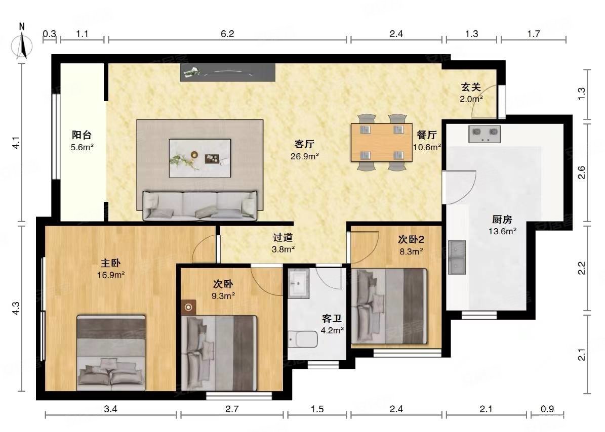 川亿凯旋国际公馆B区3室2厅1卫99㎡西南66万