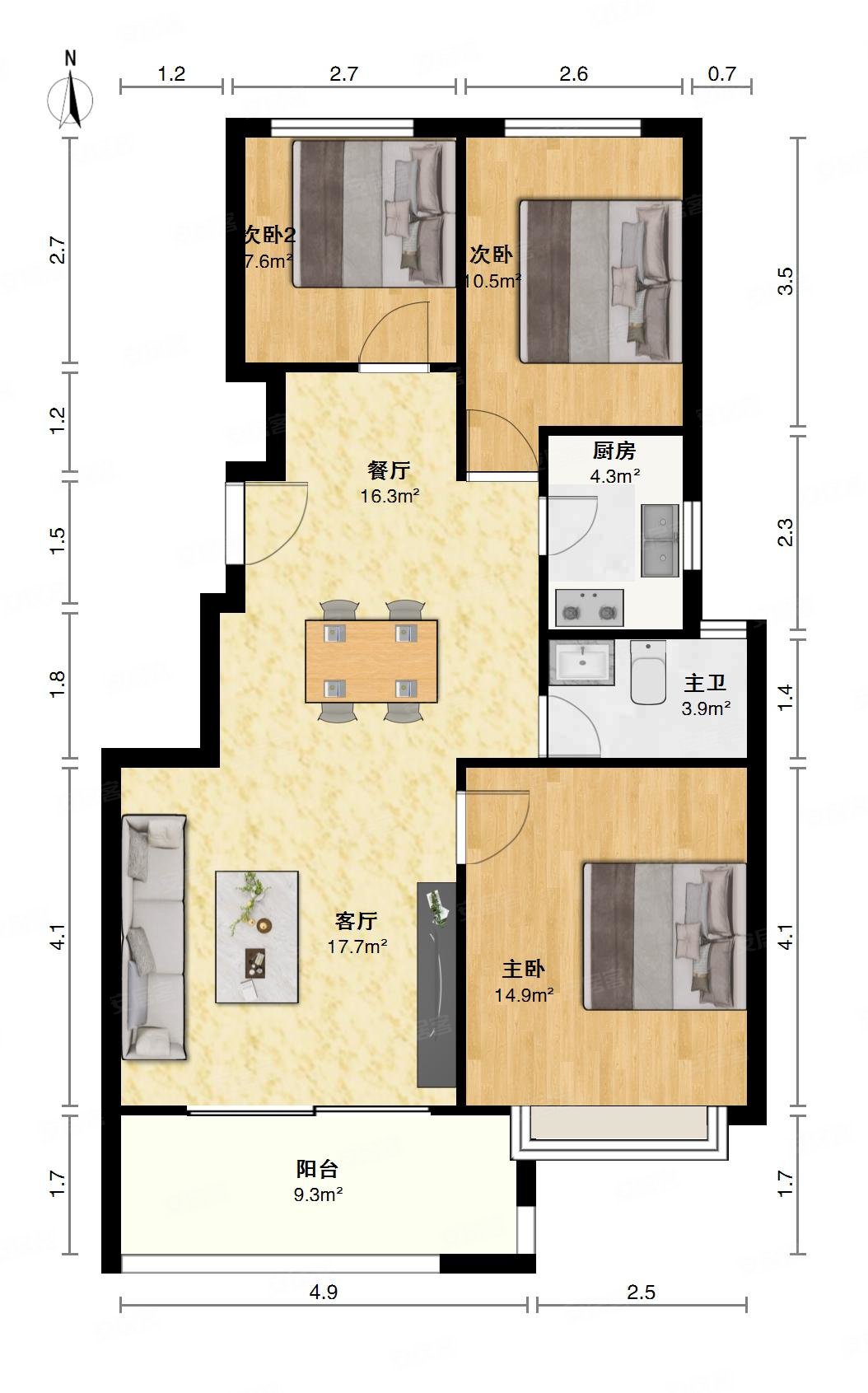 煌盛中央公园3室2厅1卫88㎡南北88万