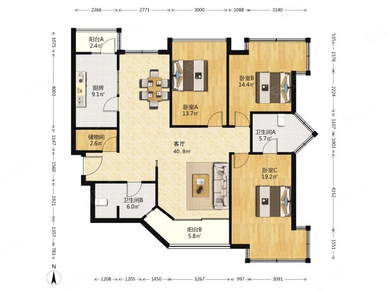 兆丰帝景苑3室2厅2卫157.89㎡南北1300万