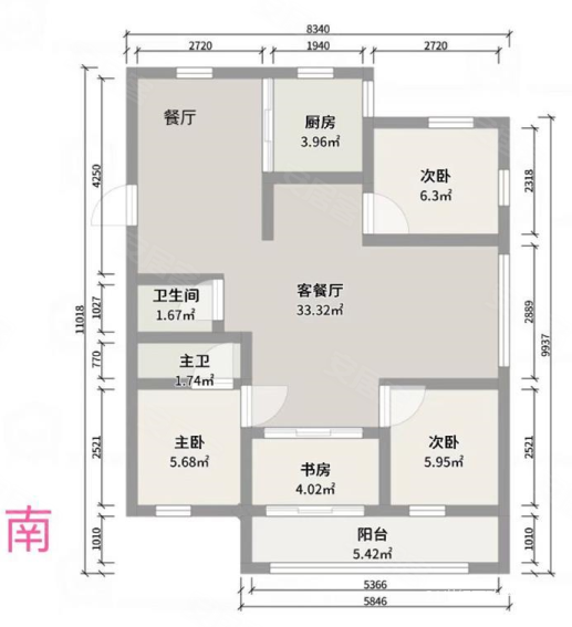 天盛公寓4室2厅2卫156㎡南北199万