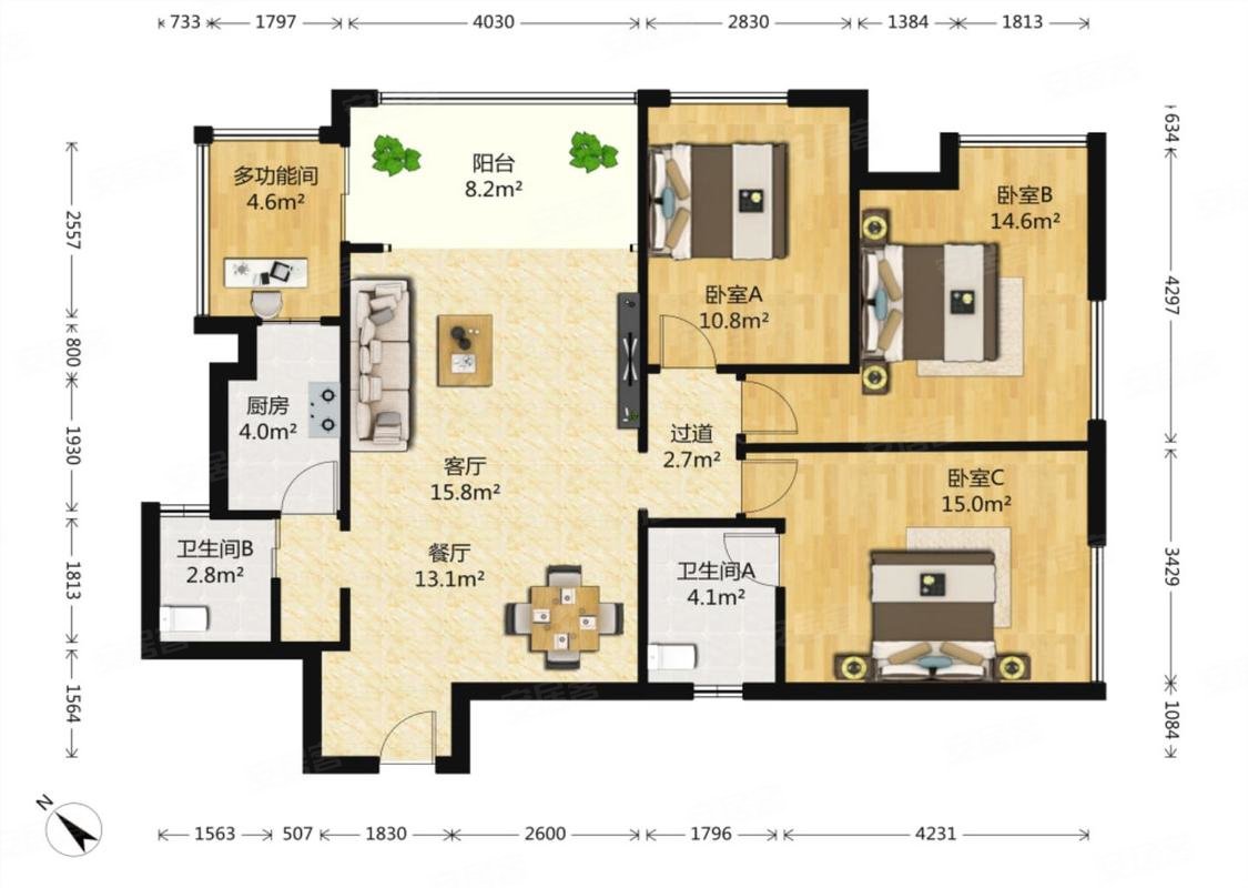 绿地伊顿公馆3室2厅1卫112.91㎡南北66万