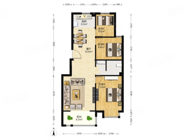 林庄御园澜庭3室2厅1卫107㎡南北128万