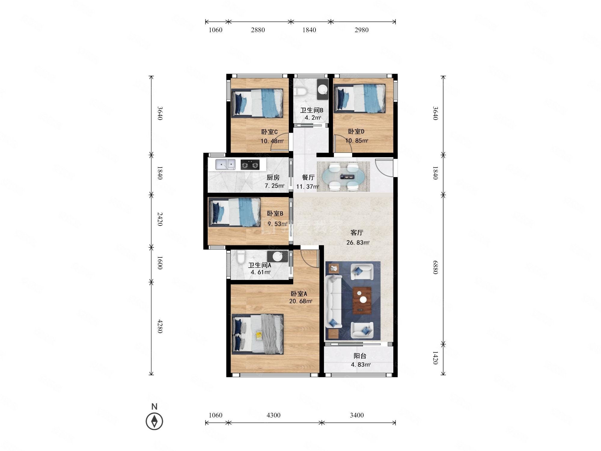 融科东南海4室2厅2卫98.5㎡南312万