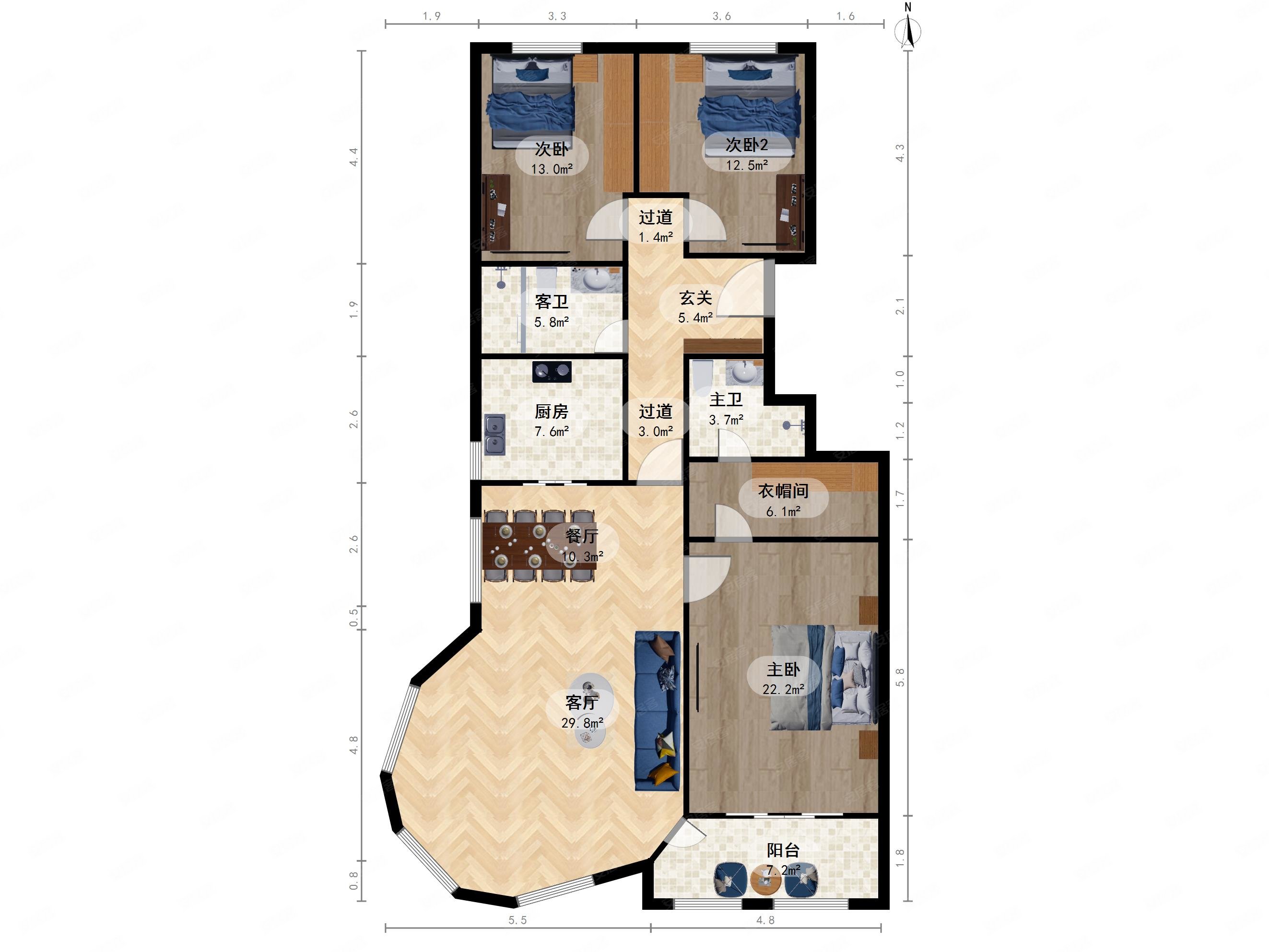 欧洲公馆3室2厅2卫格局方正主卧朝南
