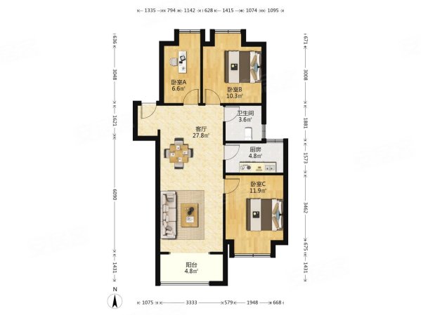 锦麟融誉府3室2厅1卫97㎡南319万