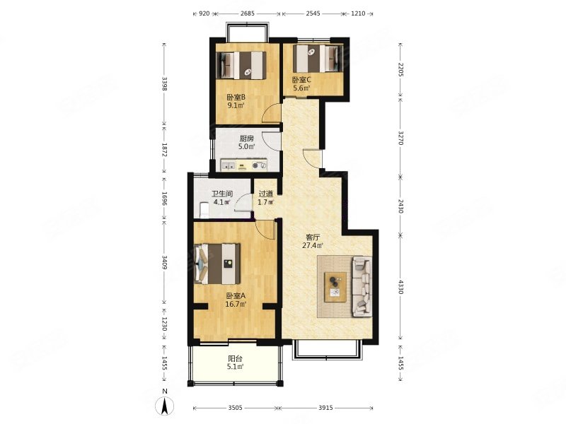 北街家园一区3室2厅1卫89.26㎡南北426万